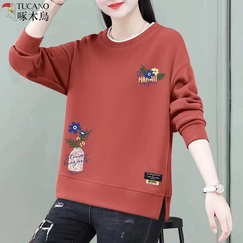 啄木鸟秋冬季卫衣女新款短袖宽松大码女生长袖开叉休闲打底衫上衣