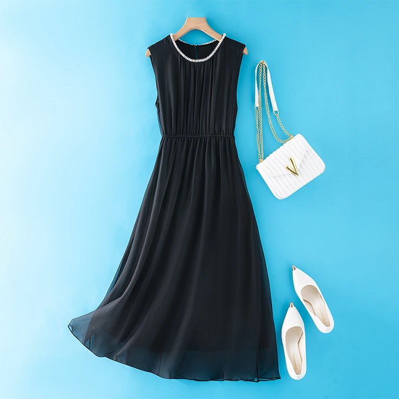 真丝桑蚕丝连衣裙黑色裙子夏新款法式小众显瘦无袖红色旗袍新中式