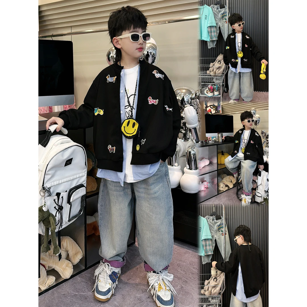 蛋蛋家【汪汪队】春季新款洋气黑色拼条纹衬衣假两件外套