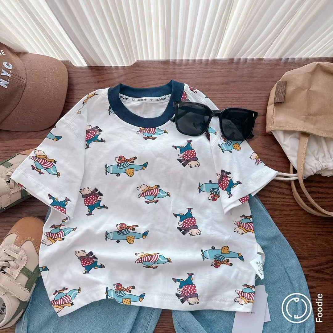 【JMJQ 201588】夏季新款百搭满印小熊短袖时尚圆领休闲T恤