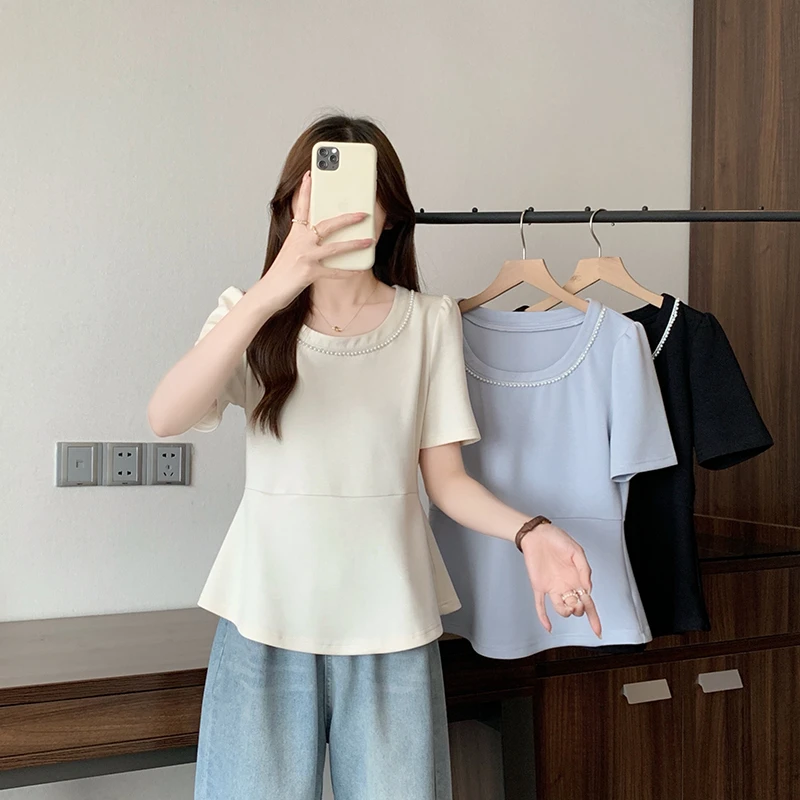 2025新款大码收腰显瘦短袖珍珠装饰遮肉高级感上衣A0825