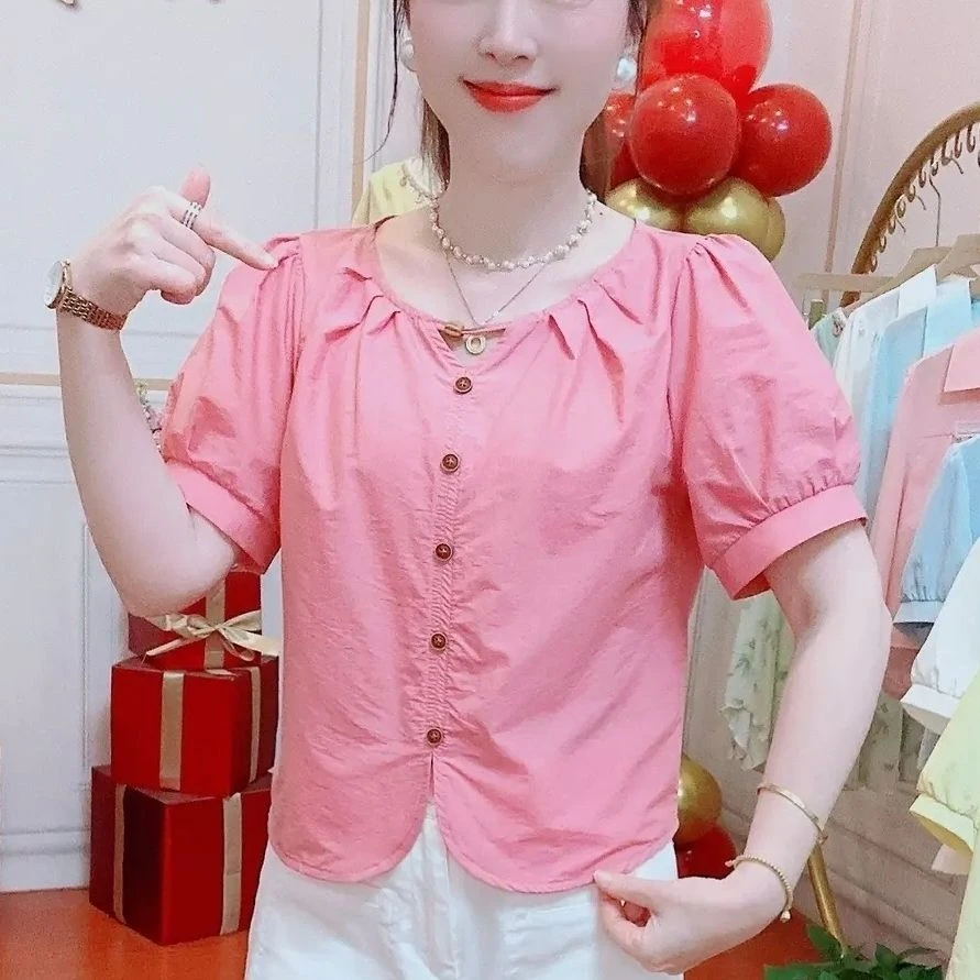 圆领甜美时尚简约气质百搭遮肚显瘦夏季短款小个子减龄衬衫女