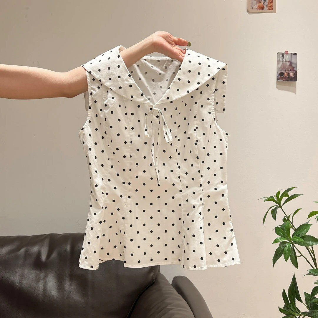 韩系白色波点海军领无袖外穿背心女装夏季设计感修身显瘦坎肩上衣