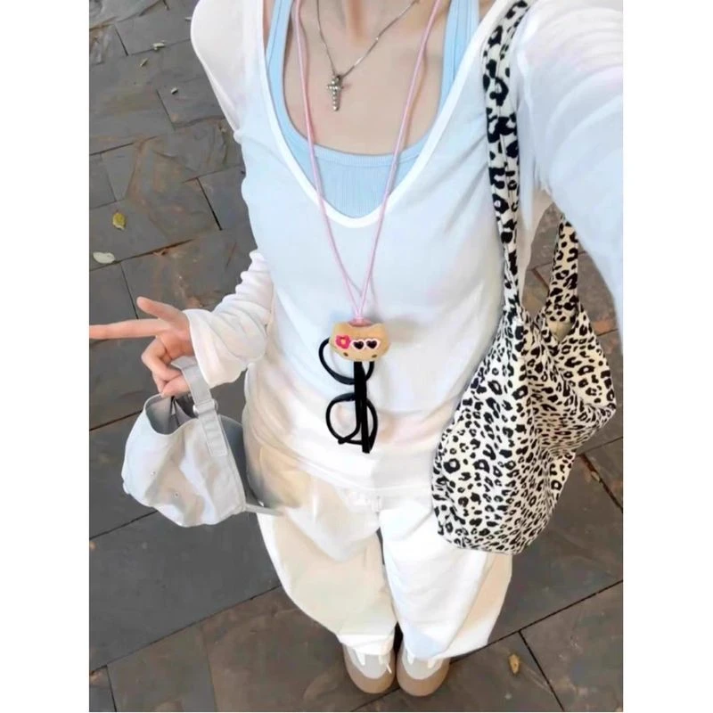 V领辣妹防晒罩衫女夏季长袖t恤空调衫正肩吊带背心两件套装上衣服