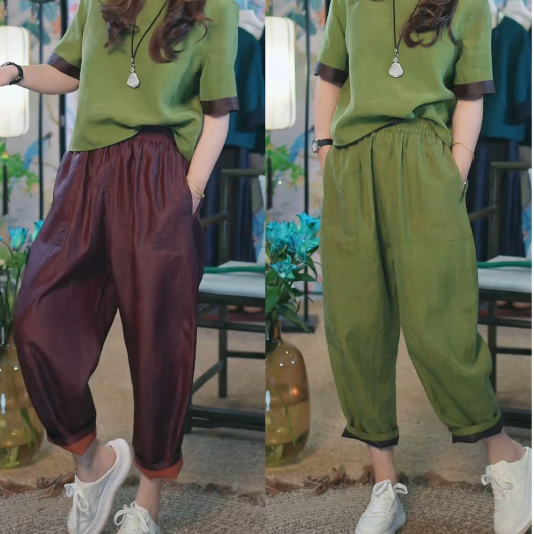 杯子家《紫檀龟镰刀裤》非遗桑蚕丝红云纱百搭休闲裤