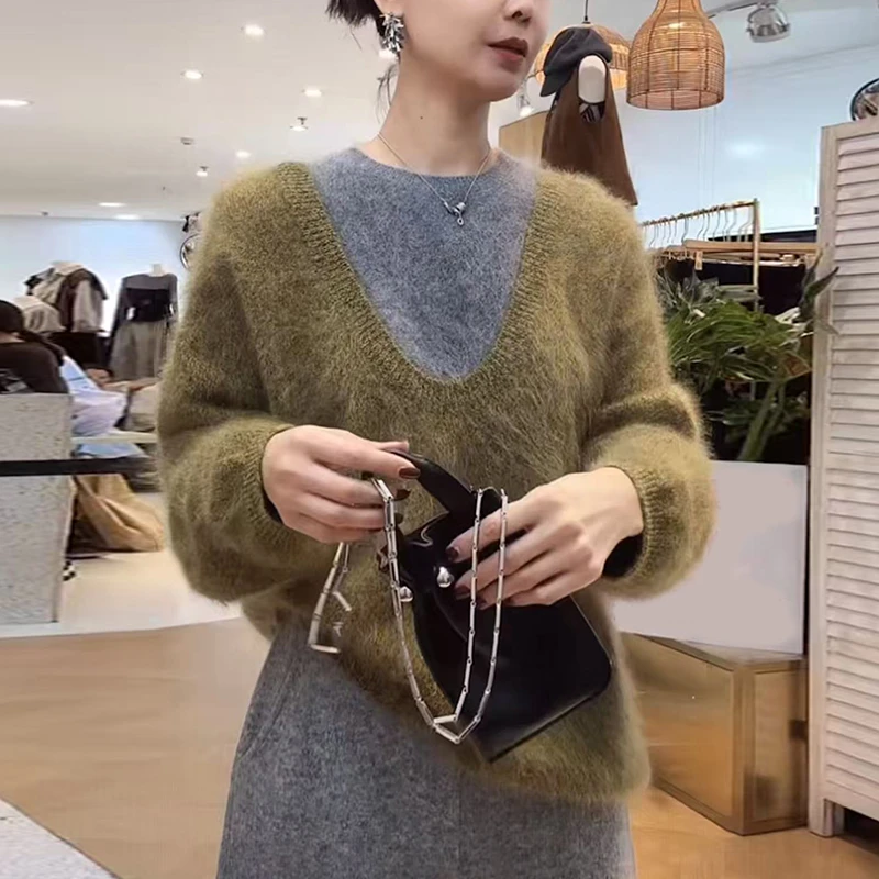 秋冬绿色马海毛毛衣女宽松慵懒风软糯减龄显瘦假两件针织衫上衣