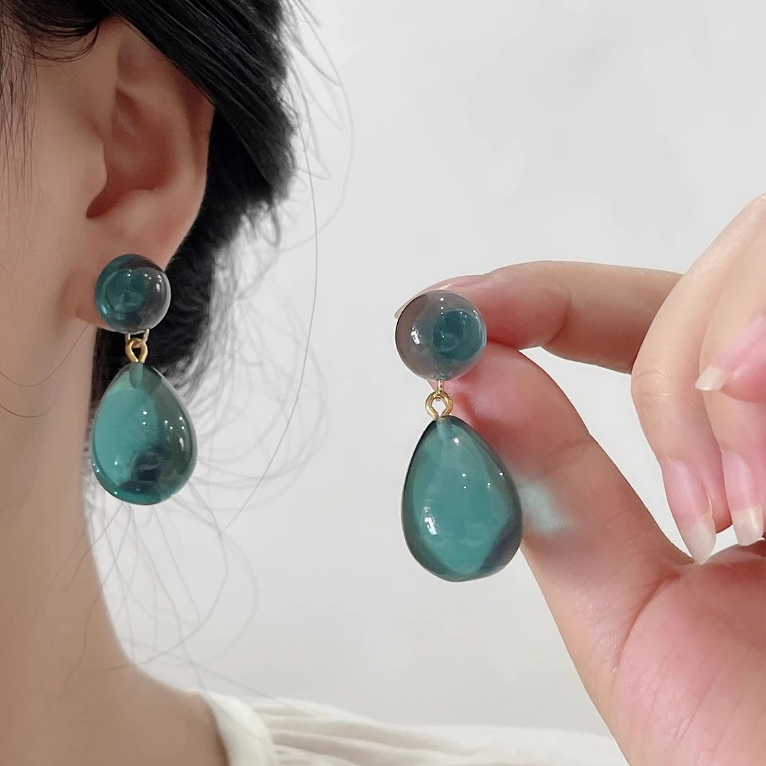 海绿复古几何耳环女2025新款小众设计清透感耳饰夏天度假优雅耳坠