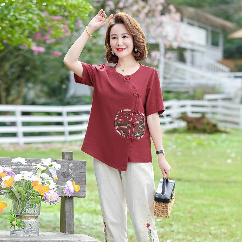 胖妈妈复古盘扣刺绣短袖上衣+七分裤宽松中国风女装大码两件套装