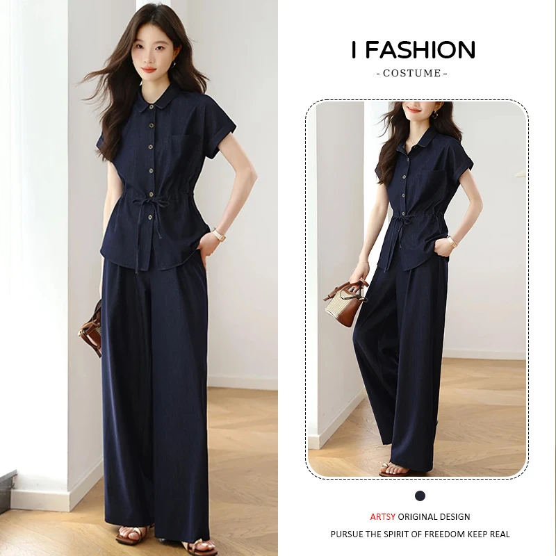 绑带收腰短袖上衣高腰阔腿裤套装女2025年夏季新款韩系气质两件套