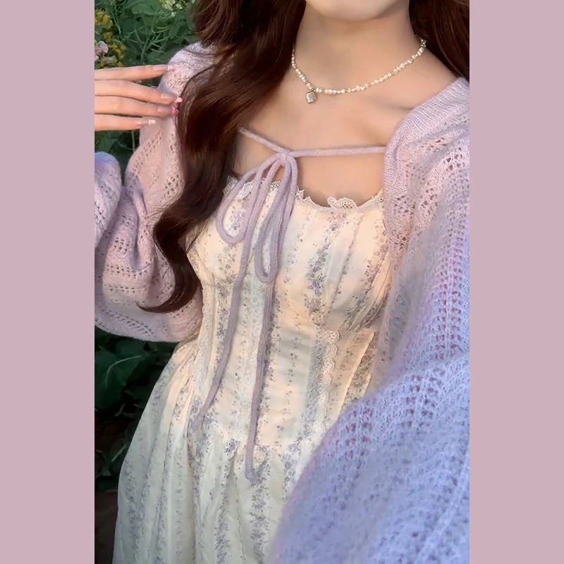 2025新款茶歇法式碎花吊带连衣裙子女初春季温柔紫色套装长裙1167