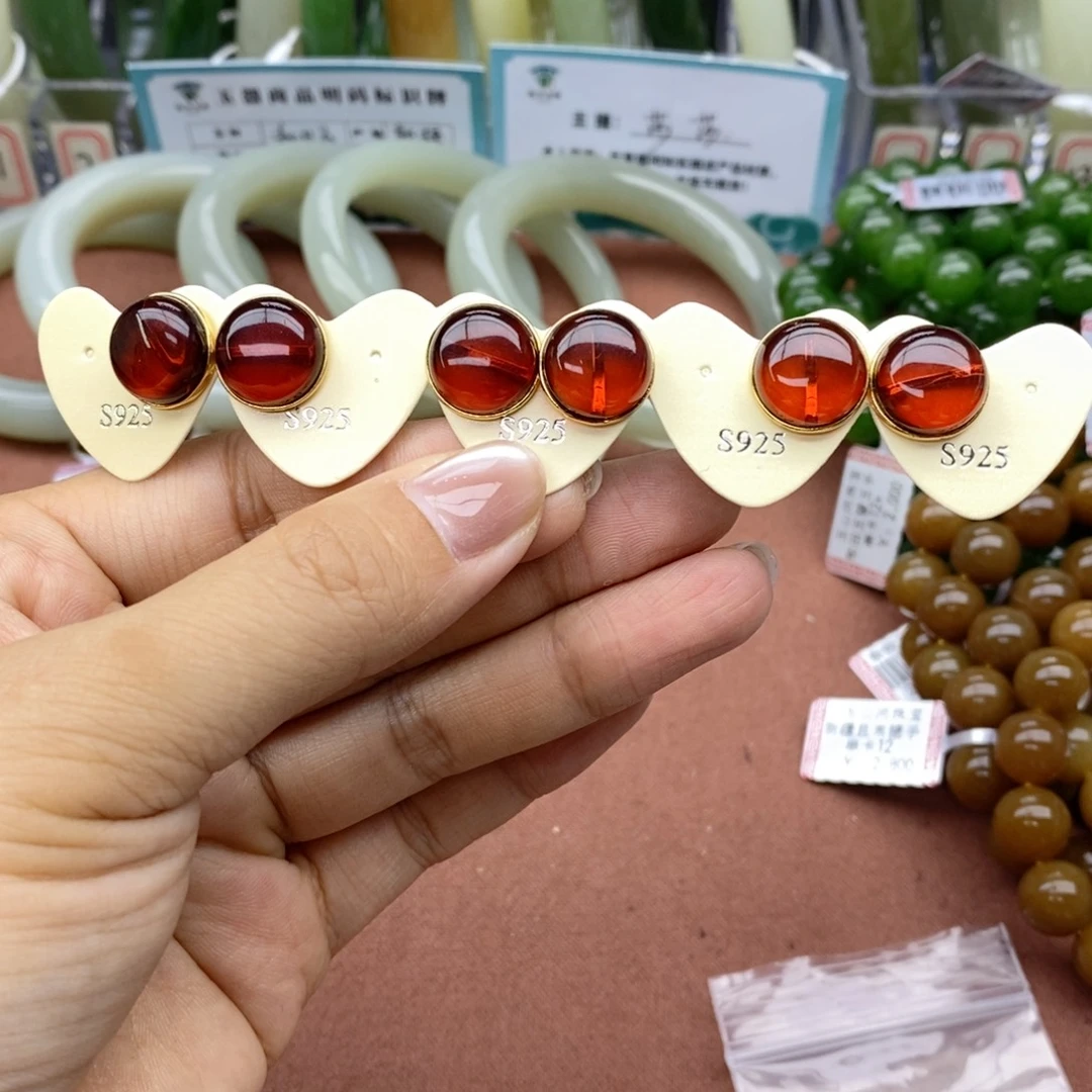 血珀银S925镶嵌耳钉卡13