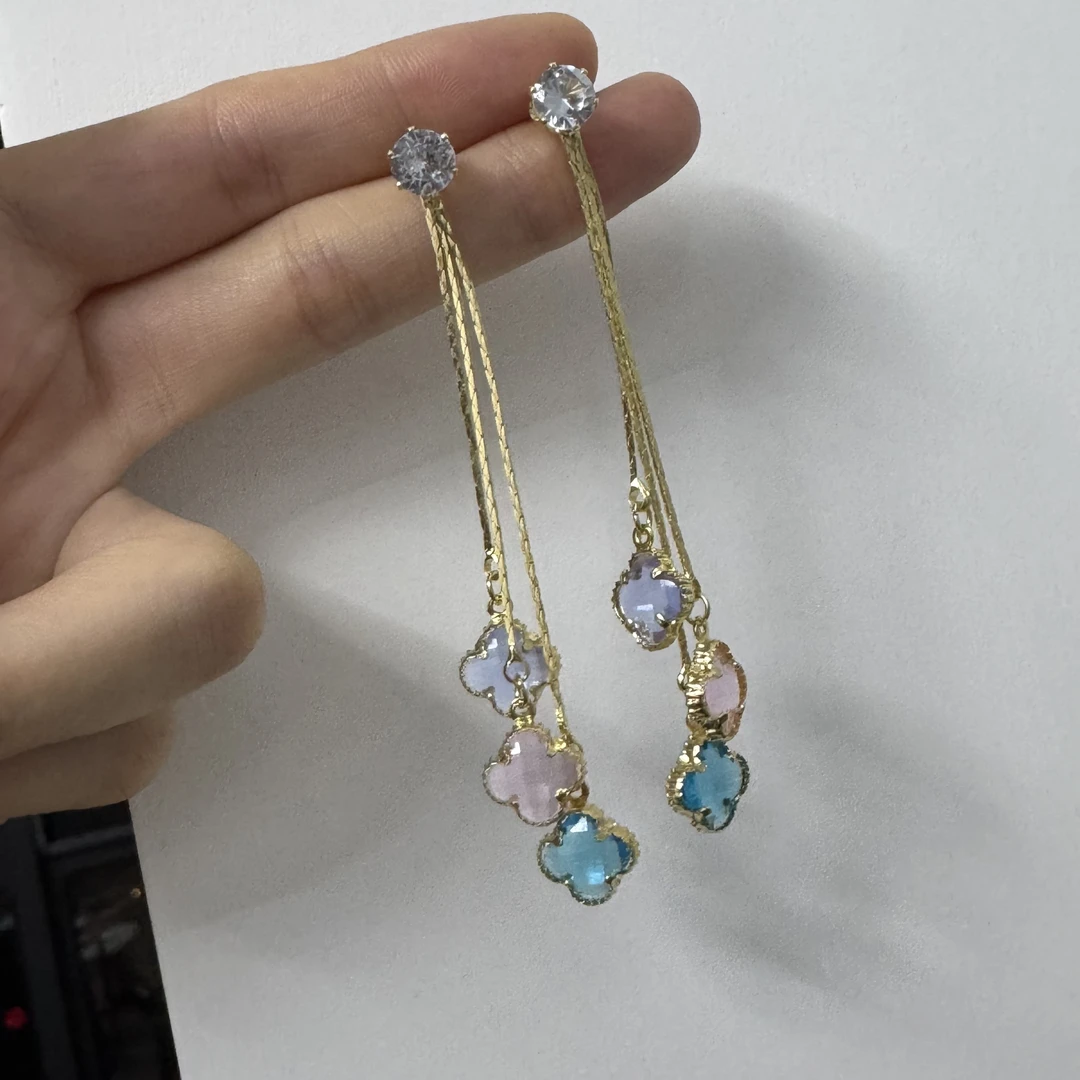 铜合金合成锆石耳饰 【四叶朵彩】时尚轻奢设计款高级绝美百搭耳环