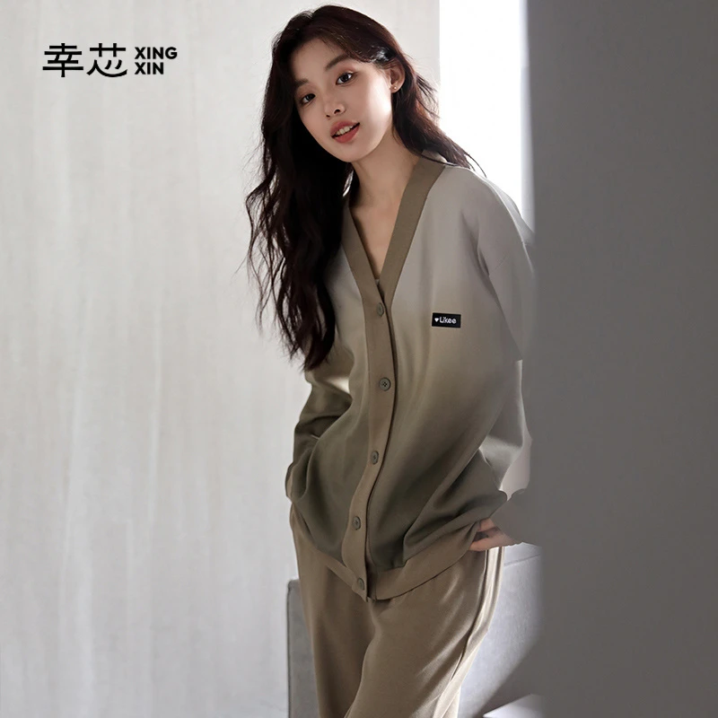 幸芯春秋款睡衣女士纯棉长袖开衫渐变色全棉家居服可外穿套装