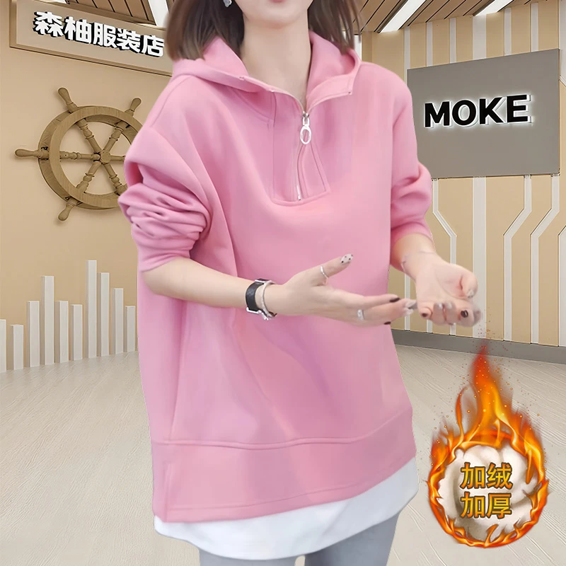 高级感假两件设计感连帽卫衣女装2025春秋新款休闲韩版简约上衣服
