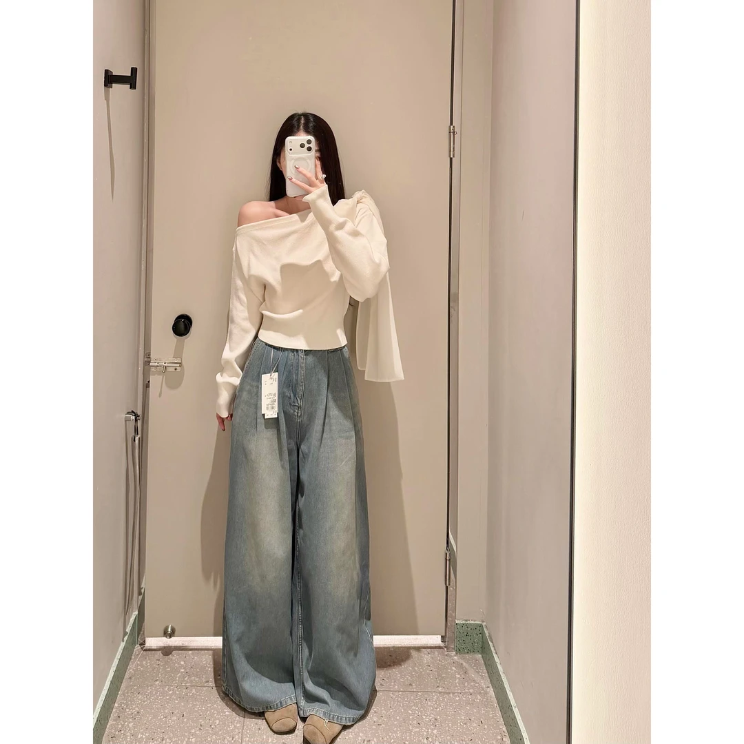 美子酱 日系复古水洗磨白高腰直筒阔腿牛仔裤女 S5305-5