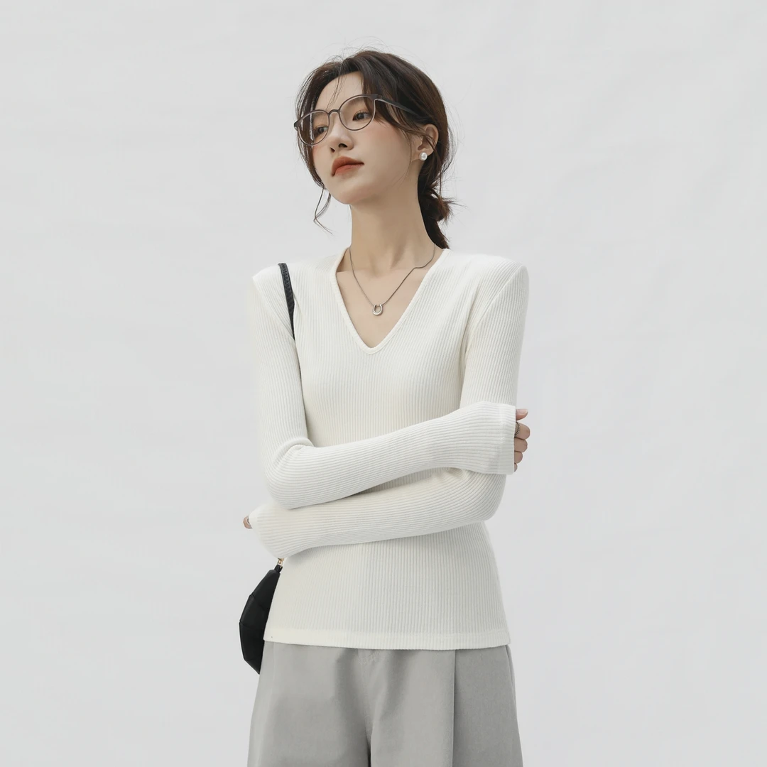 弹力针织长袖T恤女V领外穿通勤修身显瘦坑条螺纹正肩打底衫上衣