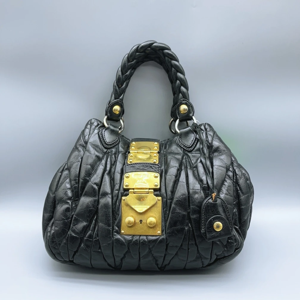 95新 MIU MIU/缪缪  黑色褶皱手提包 1640 7672