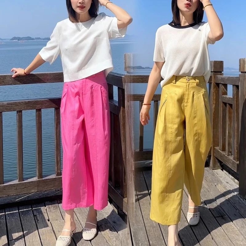 八分裤女夏季薄款2025新款小个子七分天丝亚麻凉凉直筒黄色阔腿裤