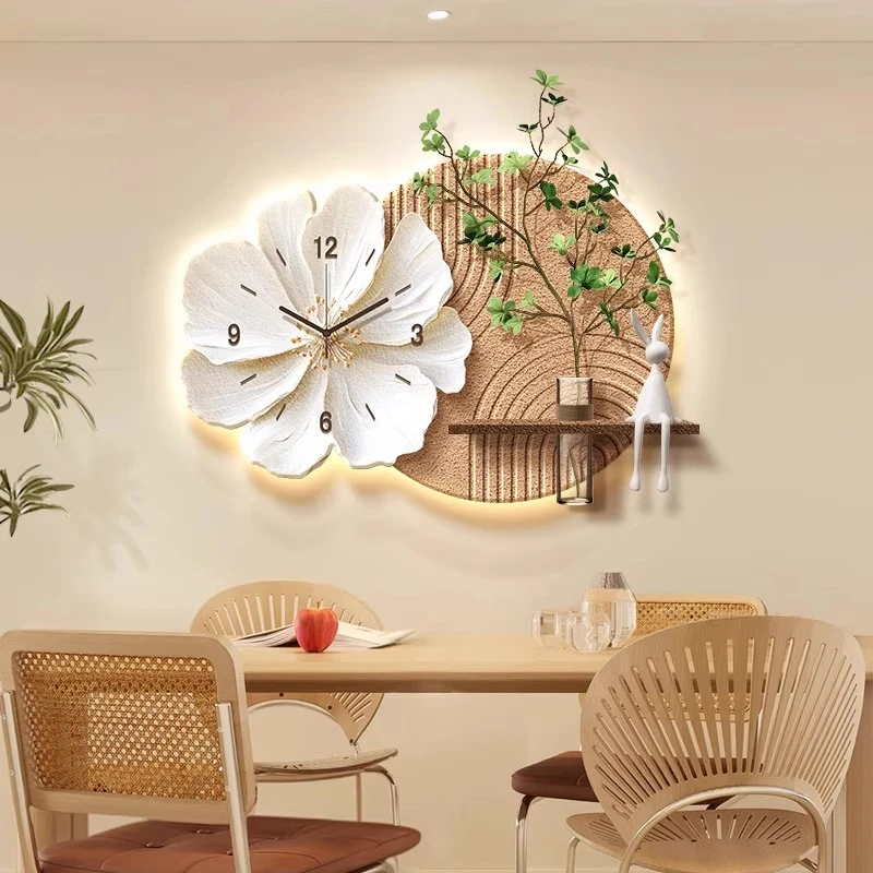 水培绿植餐厅装饰画创意挂钟客厅电视背景墙挂画2025新款立体钟表