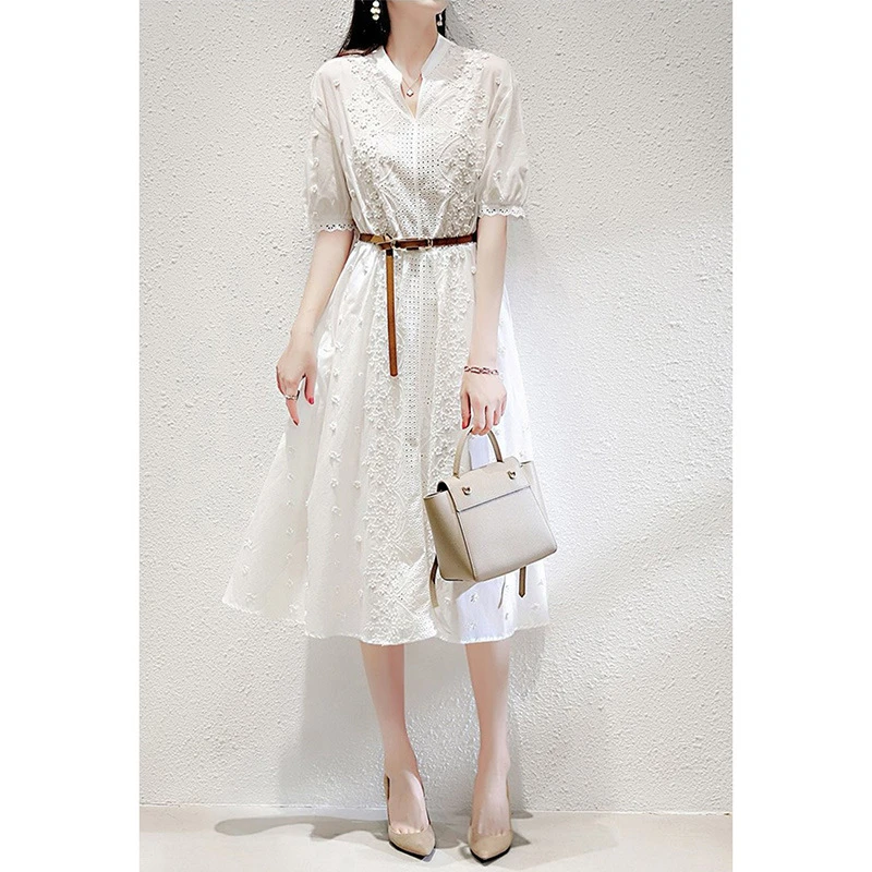 纯色中袖连衣裙新款气质通勤法式复古收腰显瘦休闲中长裙2331