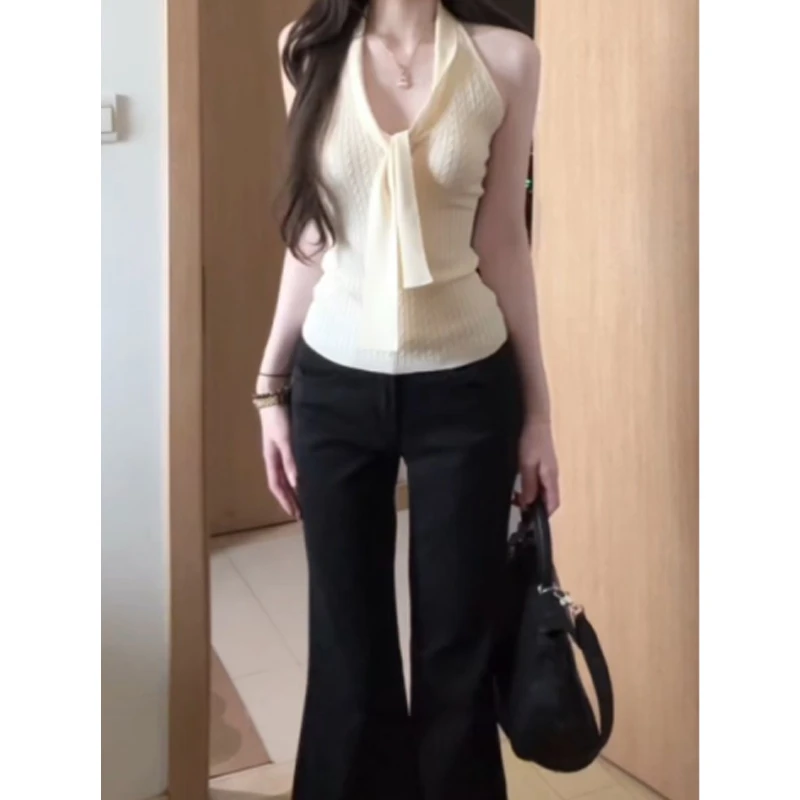 法式V领挂脖针织吊带背心女夏外穿修身显瘦短款后背蕾丝拼接上衣