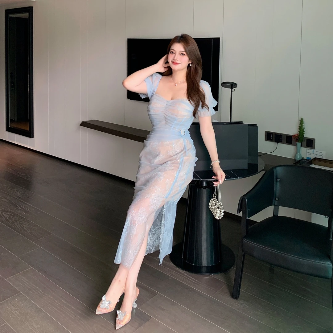 MB大码女装【钓系穿搭法】法式复古蕾丝提花一字领两穿开叉连衣裙