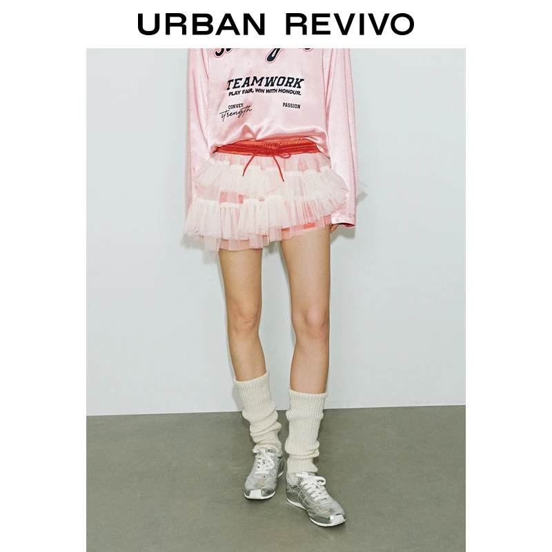 【轻夏运动】UR2025新品女装欧若风抽绳拼接网纱短裤UYV650017