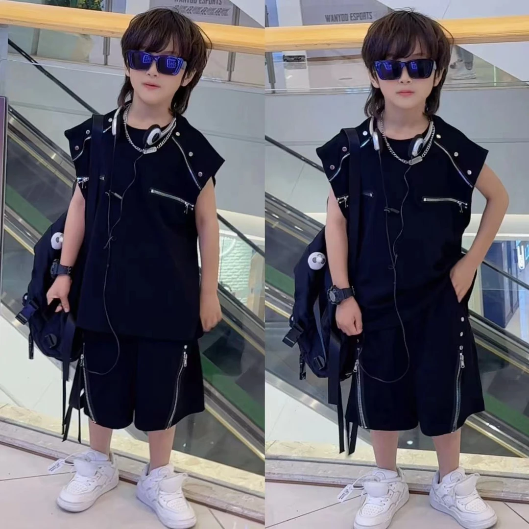 乐乐家儿童夏季暗黑系小众铆钉拉链装饰背心套装薄款设计时尚