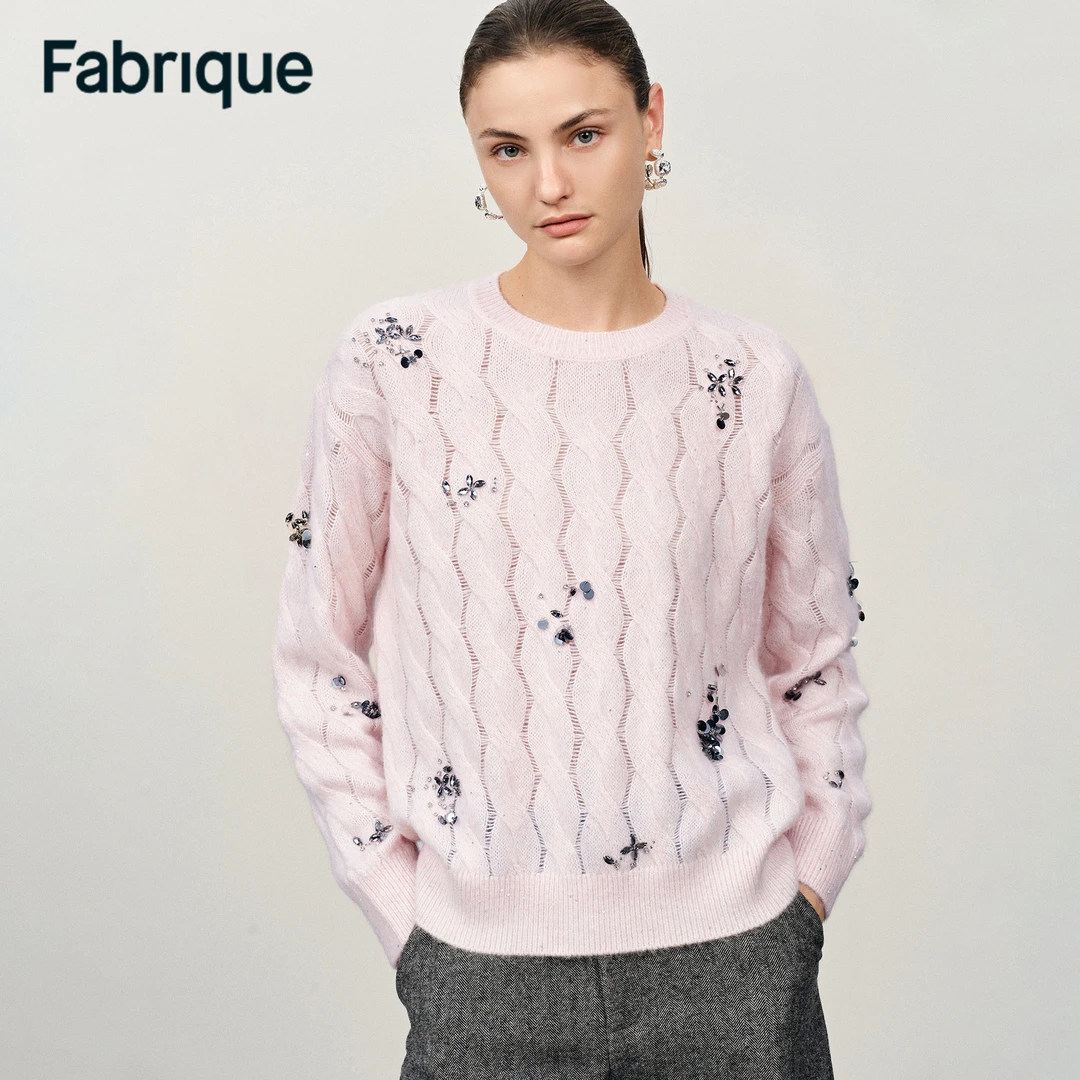 【Fabrique】Aria芭蕾粉亮丝绵羊毛桑蚕丝手工钉珠绞花镂空针织毛衣