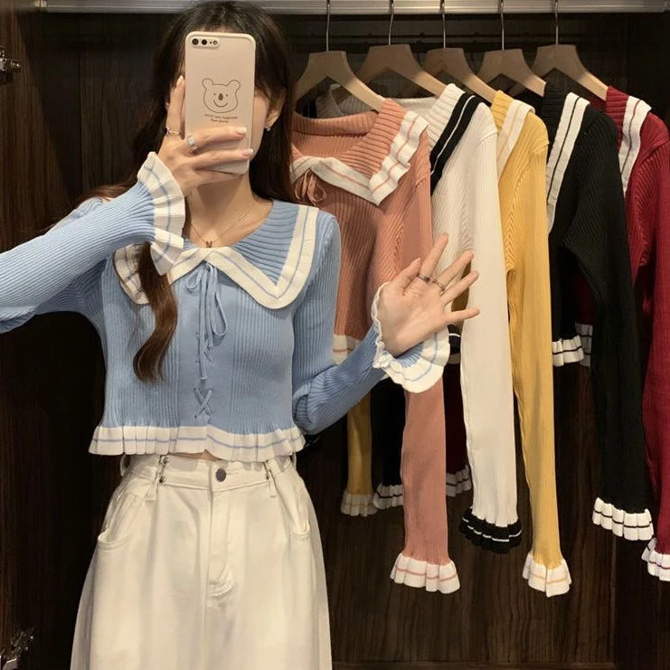 小个子拼色娃娃领衫女秋季2025年新款设计感系带长袖短款上衣