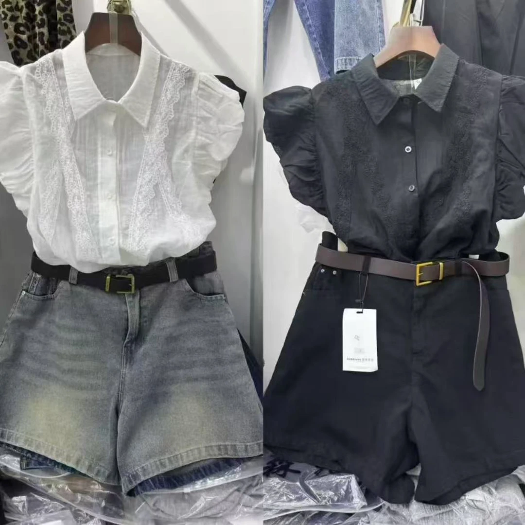 2025欧货新款法式高级感衬衫美式洋气牛仔短裤(可单拍)