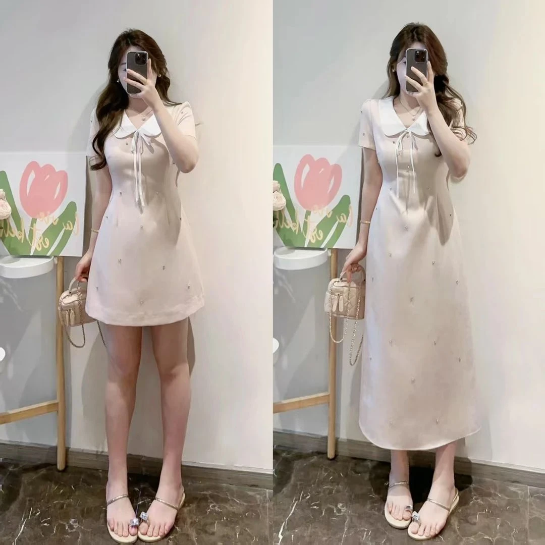 大码法系miu系千金感翻领连衣裙重工嵌钻钉珠收腰温柔风长裙子