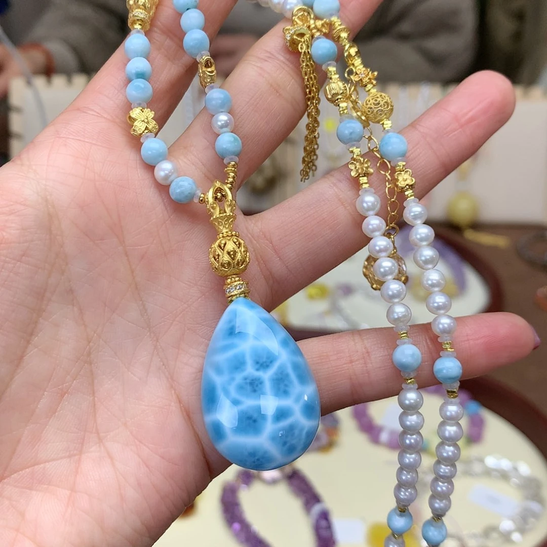 针钠钙石（海纹石）颈饰银S925镀金镶嵌