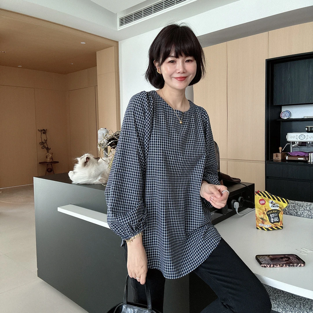 韩版长袖衬衫拼接气质小众格子休闲百搭针织背心衬衫两件套