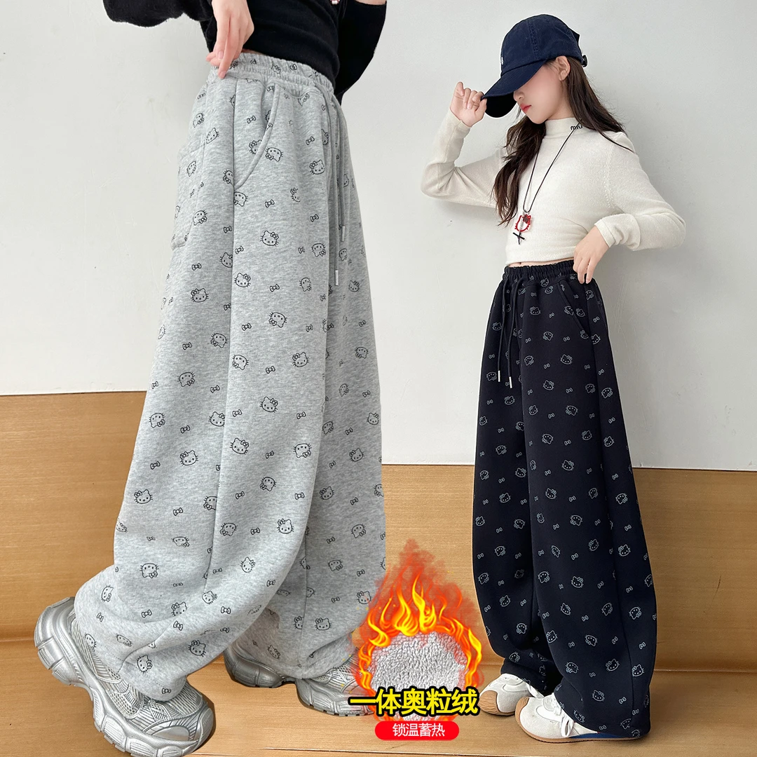 女童秋冬款加绒裤子2025新款6-12岁中大童洋气百搭冬季一体绒卫裤
