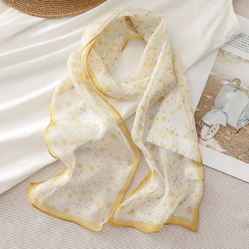 (漠漠)春夏轻薄真丝长巾女时尚百搭印花小飘带