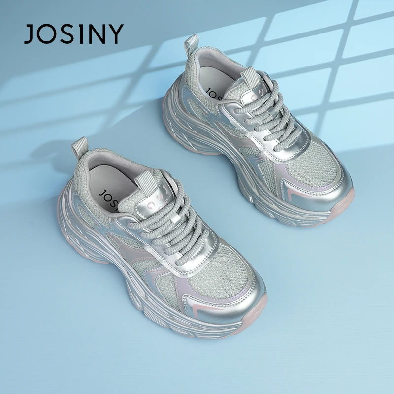 卓诗尼厚底银色老爹鞋舒适增高2025年夏季新款休闲网面透气女鞋子