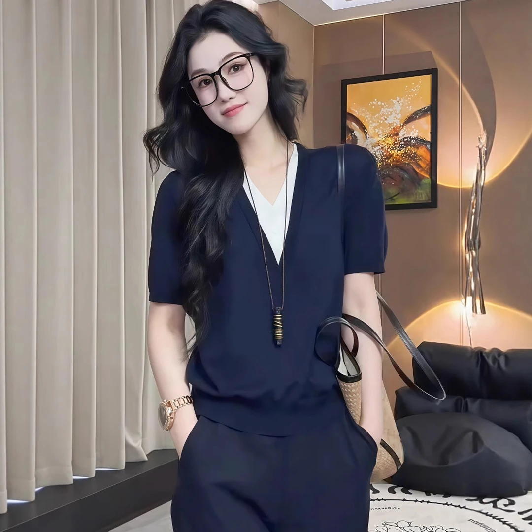 韩系高级感V领针织短袖女夏2025新款设计感假两件薄款针织衫上衣