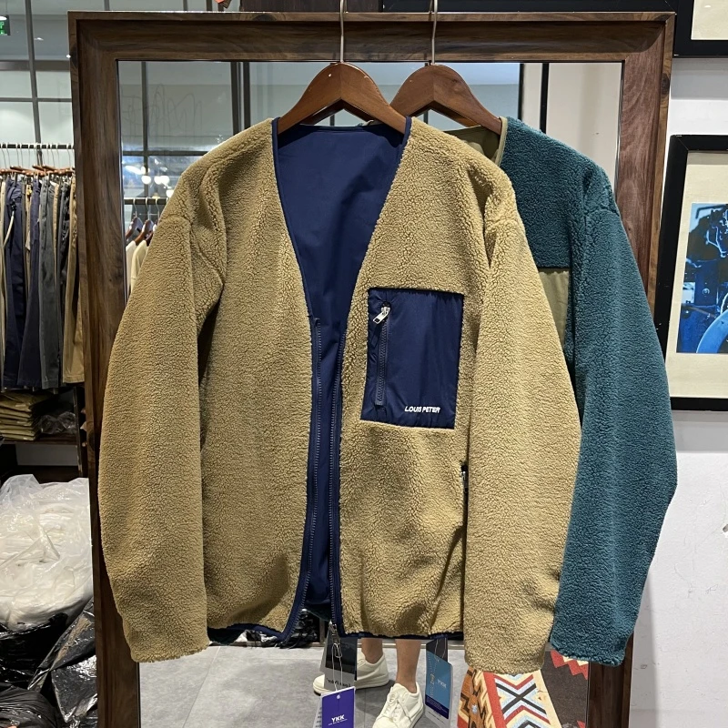 秋冬加绒保暖双面穿夹克外套男日系复古宽松摇粒绒V领夹克男女款