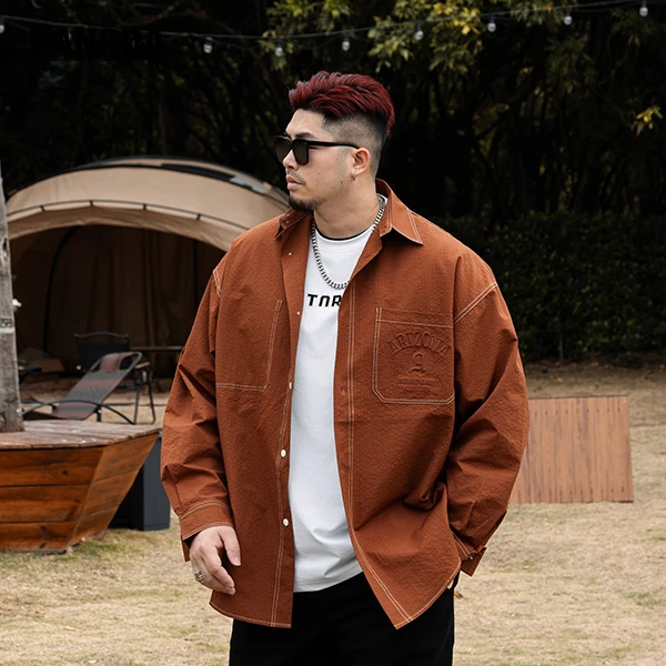 【立体刺绣明线衬衫】PANGDA大码男装春秋宽松潮流加肥休闲外套