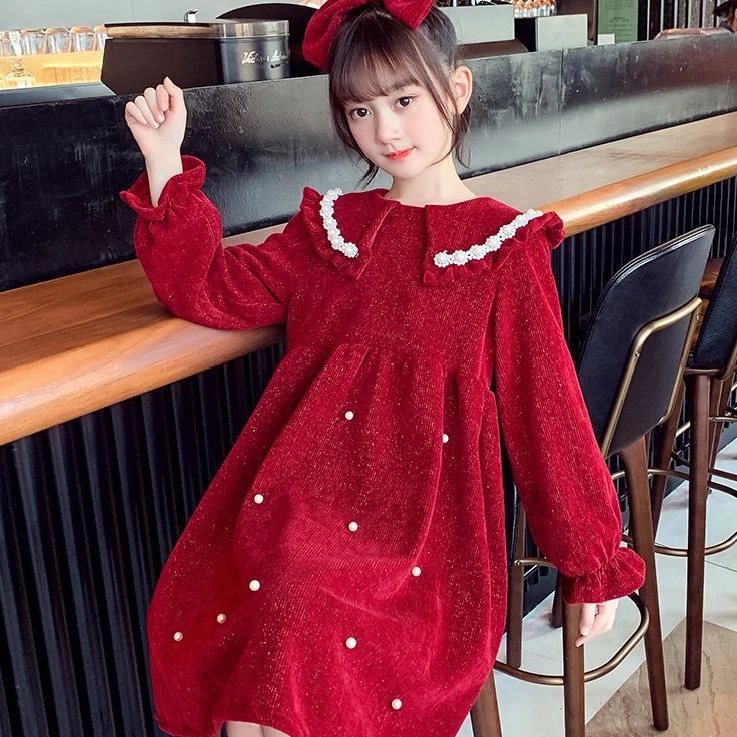 女童红色连衣裙2025新款秋冬款儿童大童冬季公主裙拜年服加绒裙D