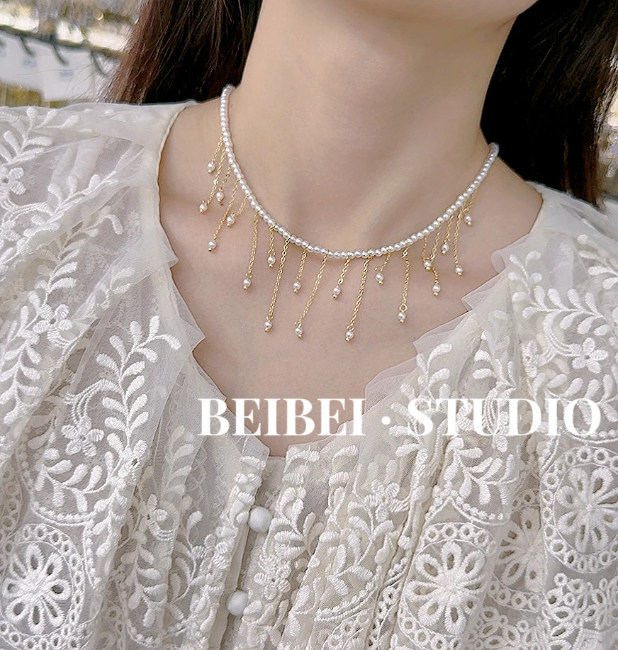 铜合金仿珍珠项链 BA0003 气质流苏小米珠珍珠锁骨项链法式高级感