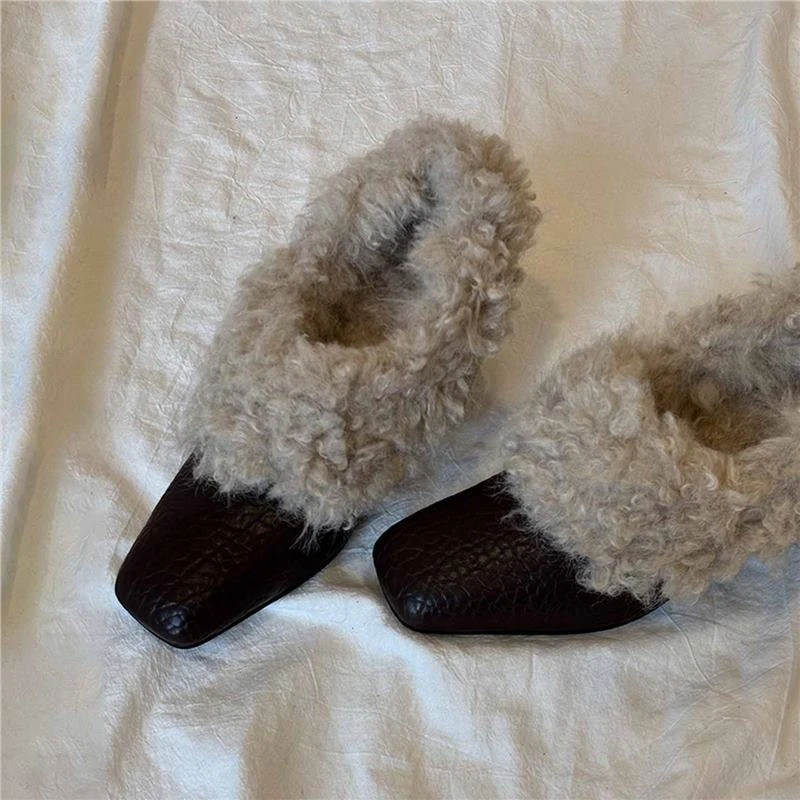 羊皮版~复古方头毛毛鞋女款简约百搭时尚舒适一脚蹬保暖冬季新款