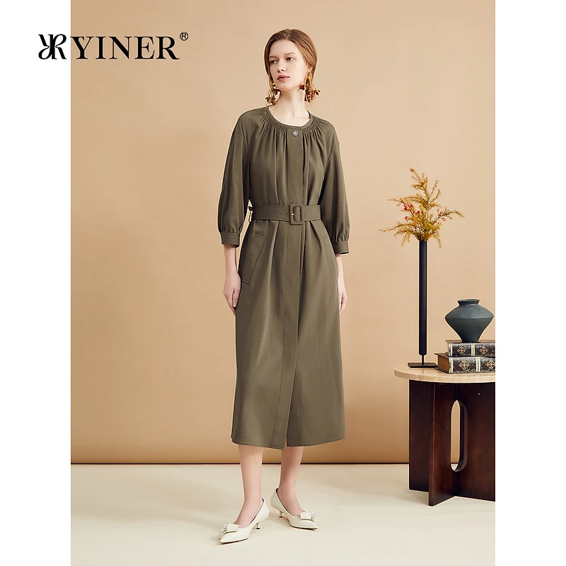 YINER音儿秋季染色纱法式收褶显瘦修身连衣裙