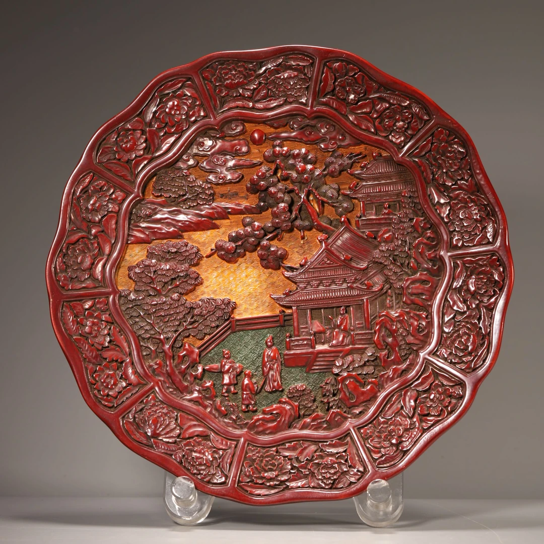 HY37 清代 大漆雕山水楼阁花口摆件