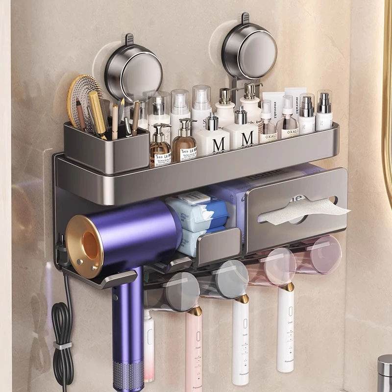 卫生间吸盘牙刷置物架免打孔壁挂式吹风机支架洗脸巾收纳架子一体