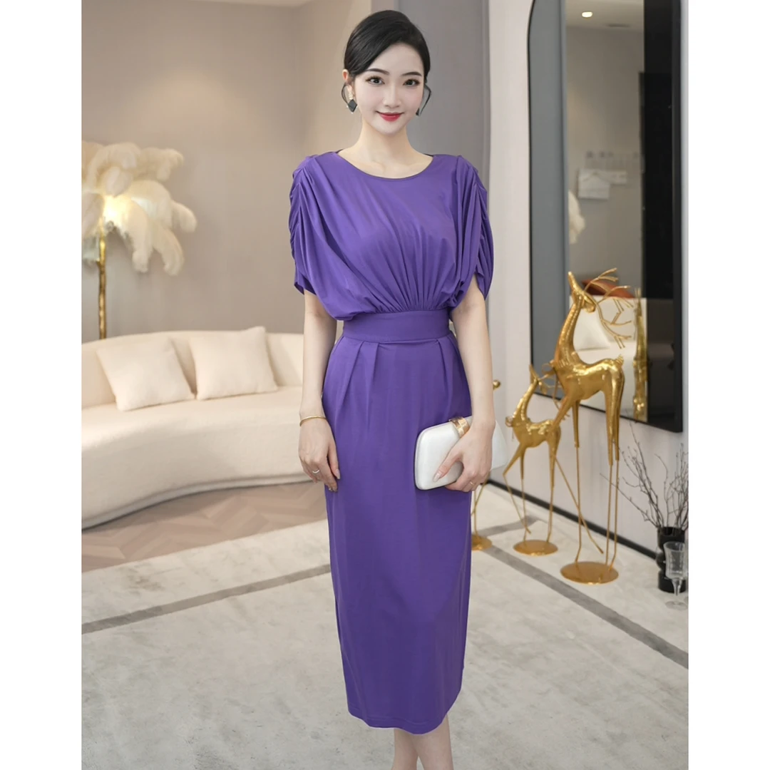 唐熹2025年夏季新款【7185】高级轻奢小众显瘦紫色气质圆领连衣裙子