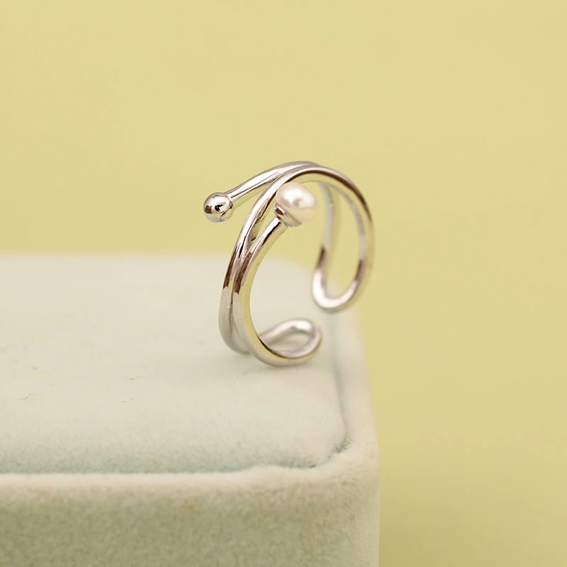 S925纯银多层戒指开口镶嵌天然淡水珍珠指环时尚个性银戒子实心