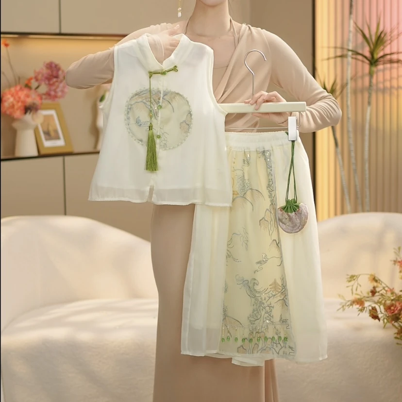 SMOTOUCH MUD女童夏季新款套装国风新中上衣+裙裤--Y4993