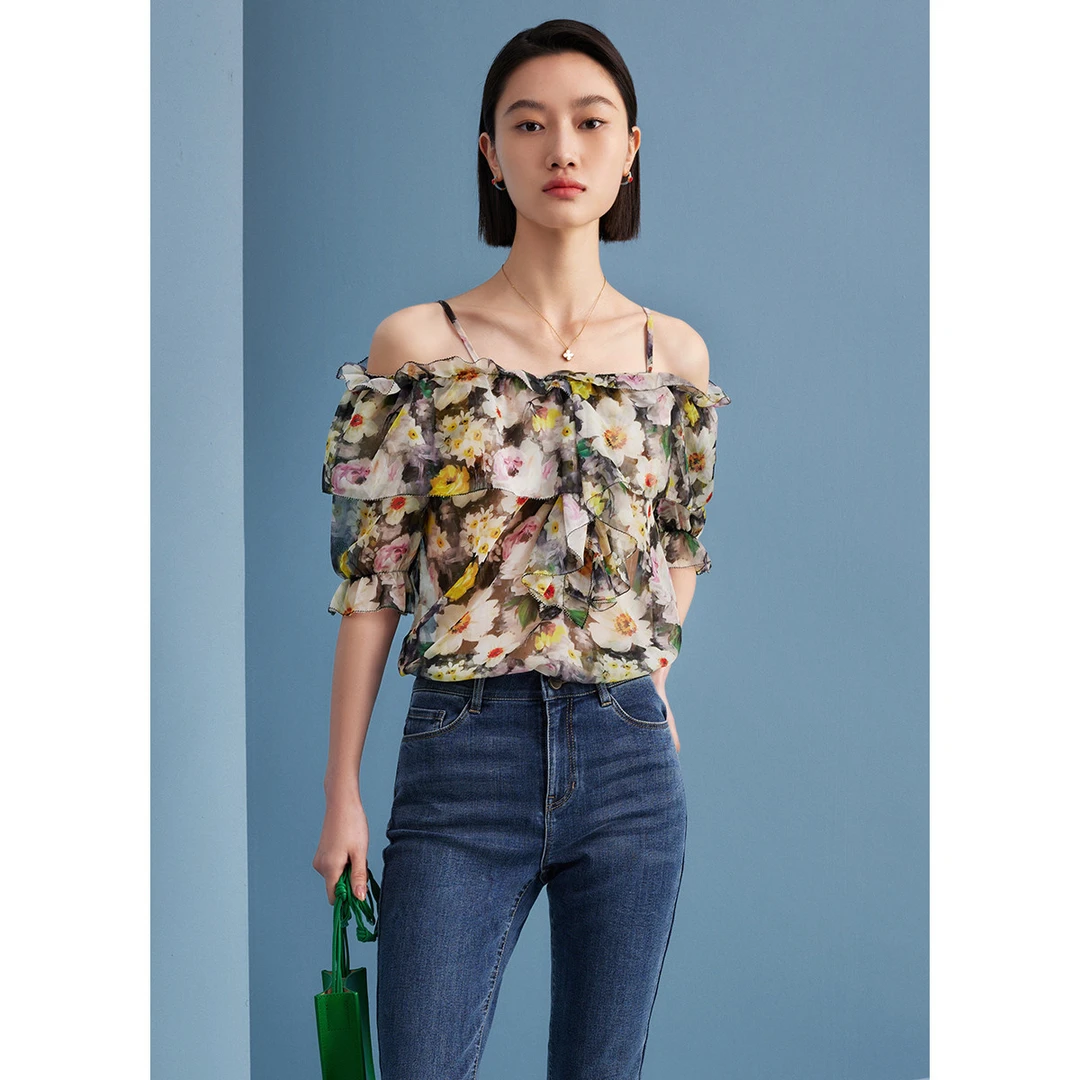 【羊羊专属】浪漫一字领吊带衫女夏季油画风印花荷叶小衫M314201302